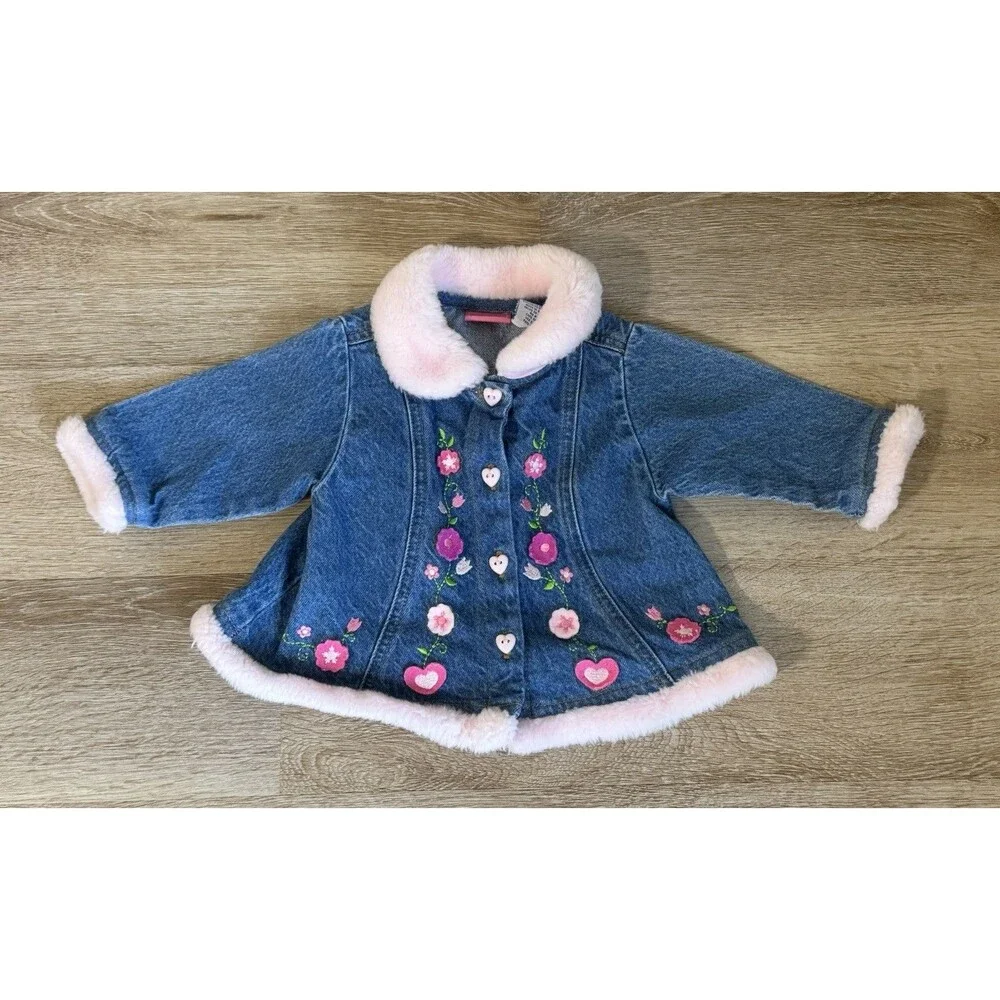 Y2K Denim Faux Pink Fur Floral Embroidered Baby Girls Jacket Size 6-9 Months